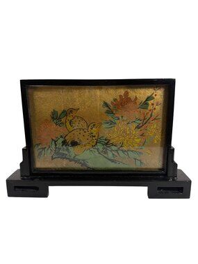 VTG Japanese Hand Painted Floral Birds Village Mountain Table Screen Dbl. Sided